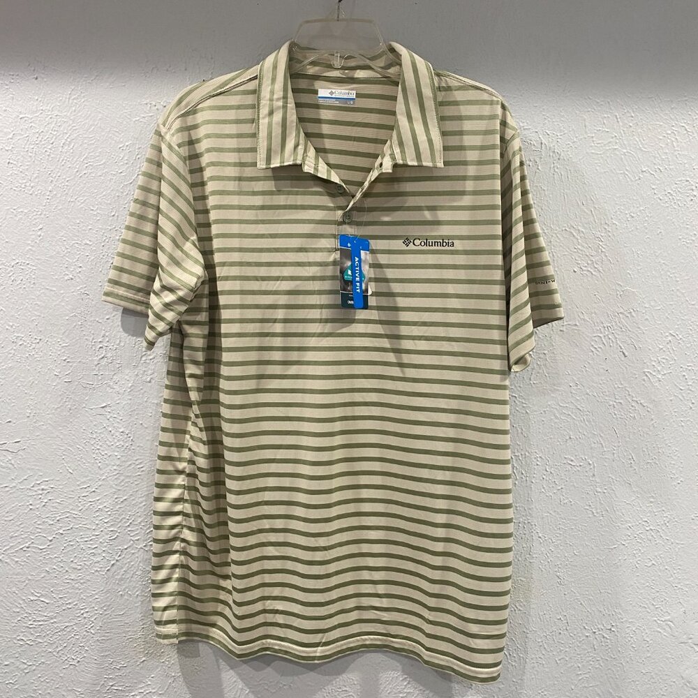 Columbia, NWT, Hiking Striped Polo, men's  size L, in beige and army green.
